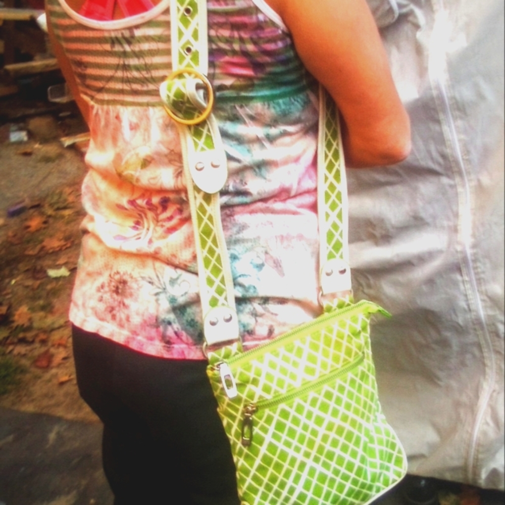 Angela Adam's lime green small cotton canvas with leather trim crossbody bag